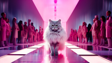 Cat walking down runway with lot of people in the background. - obrazy, fototapety, plakaty
