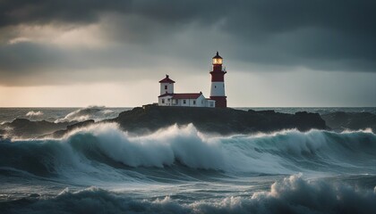 A lighthouse shining on a stormy and wavy day
