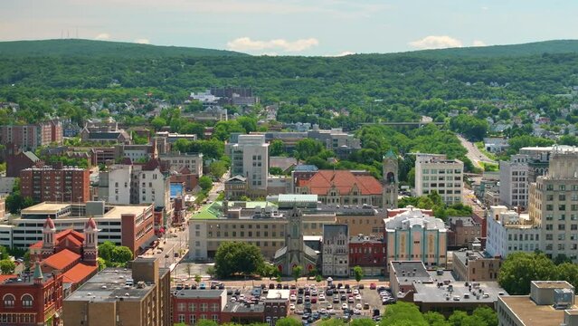 Aerial view of Scranton, old historical city in Pennsylvania. Eastern American cityscape.