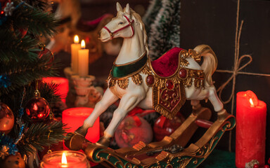 Christmas Candle lights in dark room. Concept of divination, oracle and predictions, rituals and other magic 