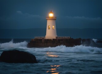 Obraz premium A lighthouse shining on a stormy and wavy day 