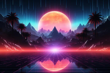 Retro neon background with mountain and plam tree 80s style laser grid