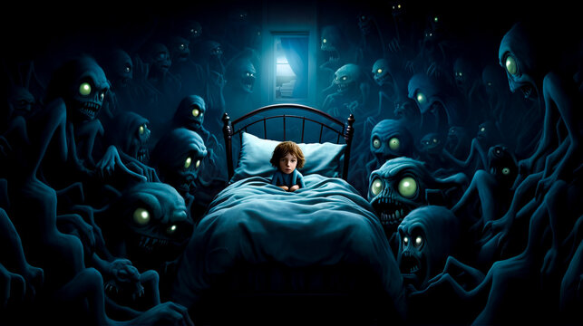 Child sitting on bed in room full of creepy looking heads.