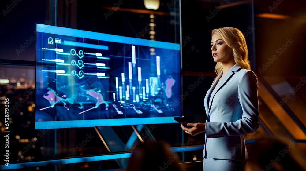 Poster woman standing in front of large screen with graphs on the screen.