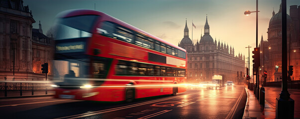 Fototapeta na wymiar Red modern style London Doubledecker Bus in almost night city.
