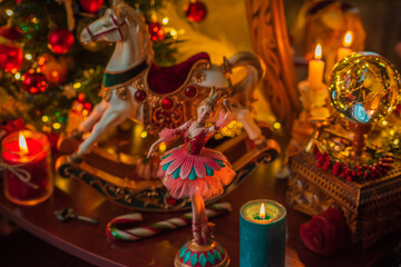 Christmas Candle lights in dark room. Concept of divination, oracle and predictions, rituals and other magic 