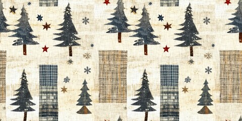 Old-Fashioned christmas tree with primitive hand sewing fabric effect endless edging. Cozy nostalgic homespun winter hand made crafts style trim. 