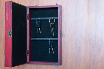 Bunch of keys in safe box. Hanging key, concept of secure safety of houses, home.