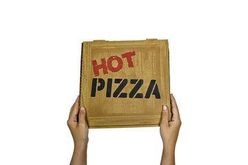 Hands hold box with tasty pizza, top view