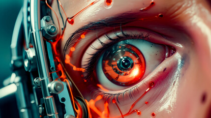 Close up of person's eye with machine in the background.