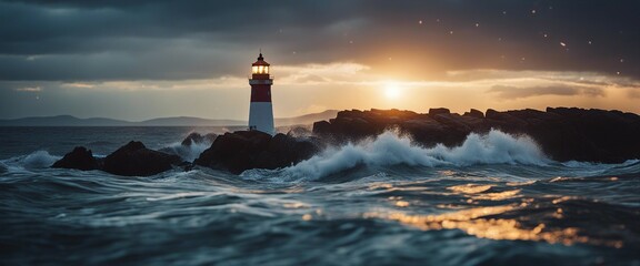 A lighthouse shining on a stormy and wavy day  © abu