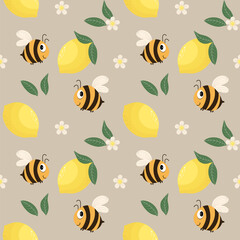 Seamless pattern, cute cartoon bees, lemons and flowers on a delicate background. Cartoon baby print, textile, wallpaper, children's bedroom decor.