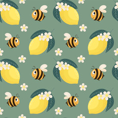 Seamless pattern, cute cartoon bees, lemons and flowers on a delicate background. Cartoon baby print, textile, wallpaper, children's bedroom decor.