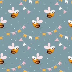 Seamless pattern, cute cartoon bees and festive garlands with flags on a delicate background. Cartoon baby print, textile, children's bedroom decor.
