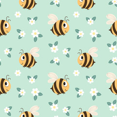 Seamless pattern, cute cartoon bees, flowers and leaves on a delicate background. Cartoon baby print, textile, children's bedroom decor.