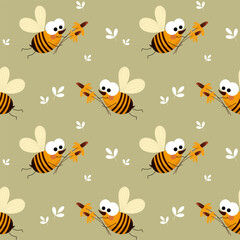 Seamless pattern, cute cartoon bees, flowers and leaves on a delicate background. Cartoon baby print, textile, children's bedroom decor.