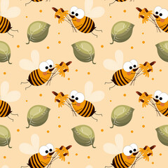 Seamless pattern, cute cartoon bees, flowers and leaves on a delicate background. Cartoon baby print, textile, children's bedroom decor.
