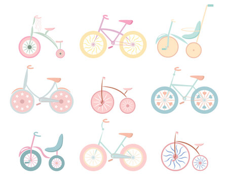 Set of cartoon retro bicycles. Vintage transport icons, decorative elements, vector