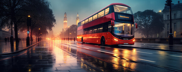 Red modern style London Doubledecker Bus in almost night city. - obrazy, fototapety, plakaty