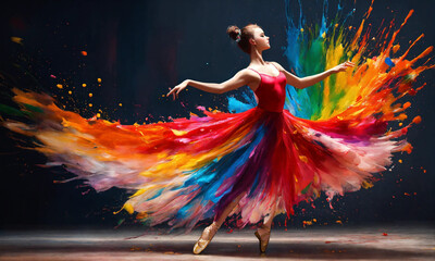 a dancing ballerina looking as if she was made of spilling paints of various colors, Colorful
