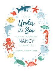 Birthday invitation party under the sea. Invitation card with cute sea life elements. Ocean ​​animals character. Cartoon vector illustration