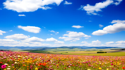 field of flowers under blue sky landscape wallpaper