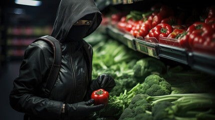 A woman steals vegetables in a grocery store. - obrazy, fototapety, plakaty