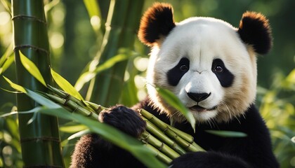Fototapeta premium giant panda eating bamboo in the forest 