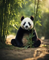 giant panda eating bamboo in the forest
