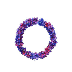 wreath of wild flowers, plants and purple wildflowers on a tranparent background