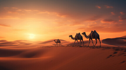 Fototapeta na wymiar Camel Herd Silhouetted Against Orange Sunset Sky in Desert Landscape