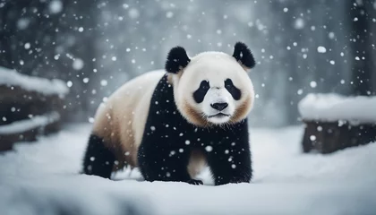 Tuinposter portrait of a cute panda bear running in heavy snow  © abu