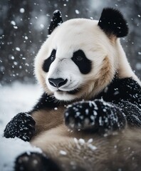 Obraz premium portrait of a cute panda bear running in heavy snow 