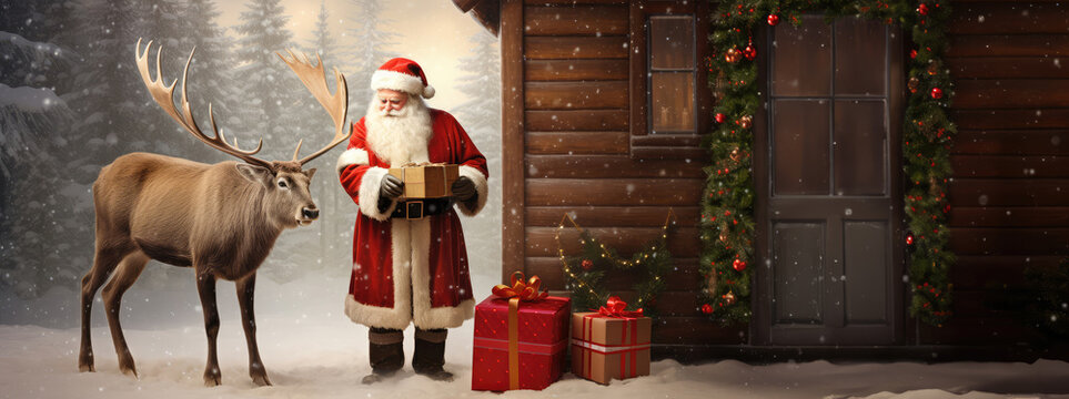 Santa claus with reindeer and gift box in front of wooden house background