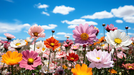 field of flowers with blue sky
