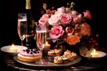 Obraz na płótnie Canvas Floral Elegance Meets Bubbly Delight: Champagne and Flowers Grace the Table, Marking a Joyful Celebration where Happiness Blossoms and Laughter Abounds