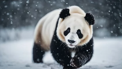 Foto op Plexiglas portrait of a cute panda bear running in heavy snow  © abu