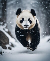 portrait of a cute panda bear running in heavy snow
