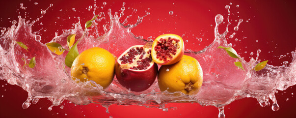Pomegranate fruit in water splash on red background