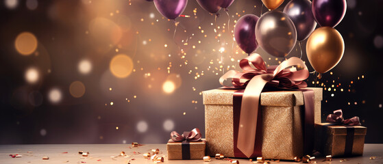 Elegant holiday banner with balloons, gifts and bokeh lights. Background, copy space, birthday and anniversary concept.