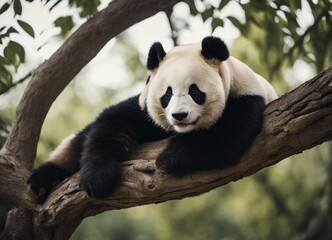 Fototapeta premium portrait of a lazy panda sleeping on a tree branch 