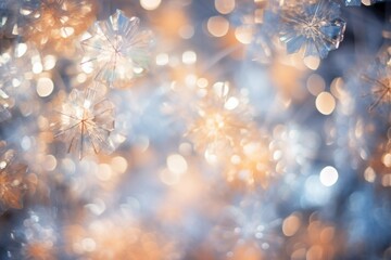 Glowing Christmas wallpaper with sparkling snowflakes and frosty details illuminated by the warm glowing light - obrazy, fototapety, plakaty