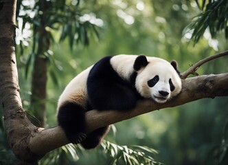 portrait of a lazy panda sleeping on a tree branch

