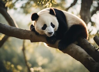 Fototapeta premium portrait of a lazy panda sleeping on a tree branch 