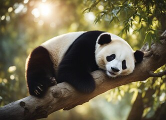 portrait of a lazy panda sleeping on a tree branch
