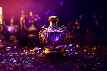 Obraz na płótnie Canvas Gold embroidered, unique and purple magic elixir potion bottle - Generative AI