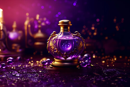 Gold embroidered, unique and purple magic elixir potion bottle - Generative AI