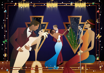 Woman in a vintage dress with a retro microphone at the window. The singer s performance at the New Year s holiday. People are dancing. Concept for holiday, winter holidays, New Year, Christmas