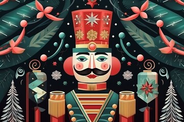 A traditional  nutcracker standing with christmas decorations and ornaments, Xmas and winter card concept