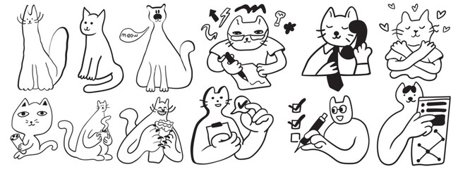 set of cat characters in vector. business icon in doodle style. linear illustration infographics. Template for logo sticker poster icon app website. Business icon series